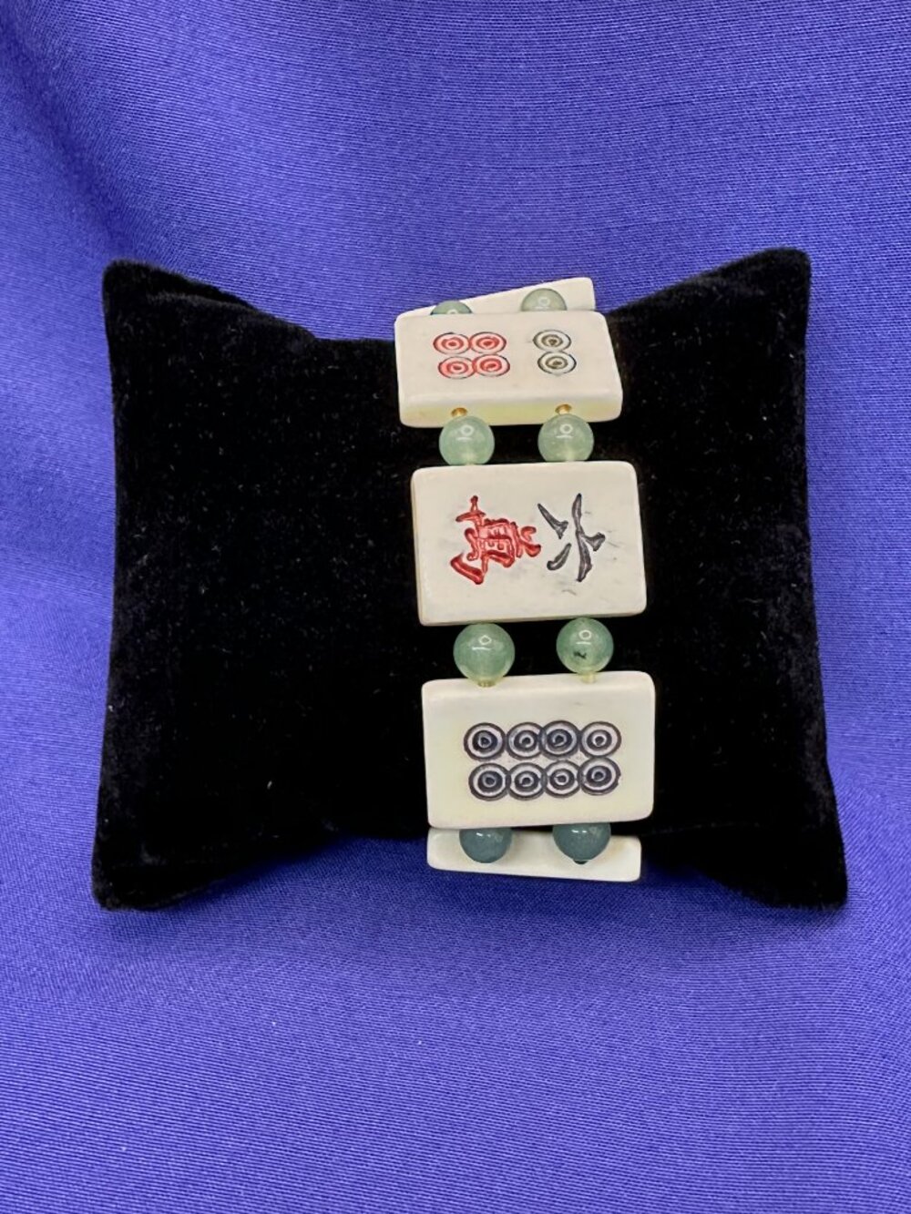 VTG Asian MahJong Tile Bracelet Jade-Tone/Aventurine Beads - Picture 7 of 14